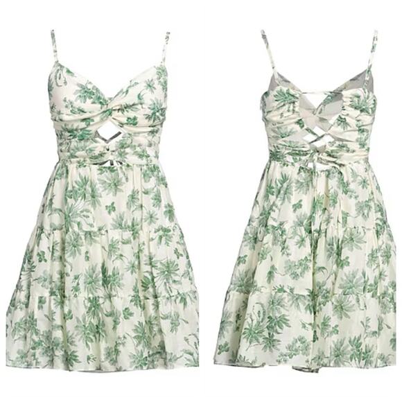 Sandro Mini Sun Dress Linen Palm Trees White Green Size 2 - Picture 2 of 7